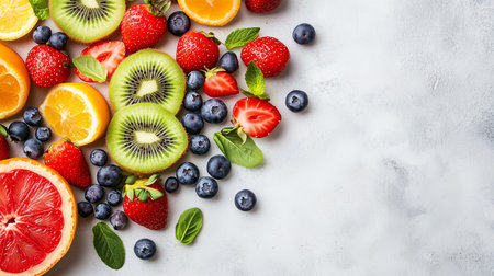 a colorful display of assorted fruits, including strawberries, kiwi, oranges, and blueberries on a bright surfaceの素材