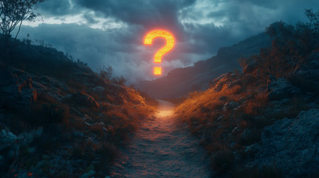 a path between hills under a cloudy sky with a glowing question mark at dusk or dawn time settingの素材