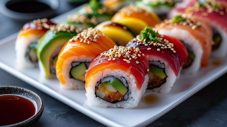 a close up shot of sushi rolls on a plate with sesame seeds and a side of sauce ready to be enjoyedの素材