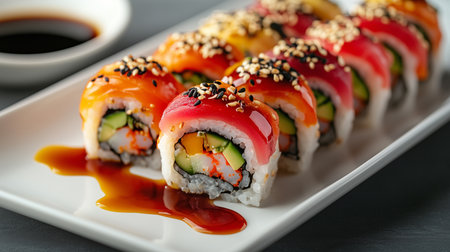a delectable sushi assortment on a white plate, topped with sesame seeds and a side of soy sauce dipの素材
