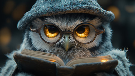 a close up of an owl with glasses and a hat reading a book with bright yellow eyes is the main focusの素材