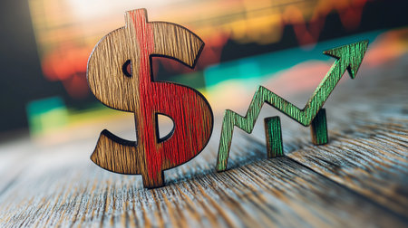 wooden dollar sign with an upward arrow, symbolizing financial growth and investment success on wood surfaceの素材