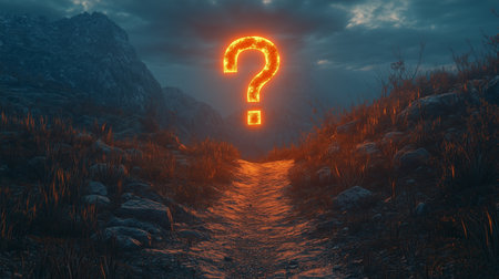 a glowing question mark hovers over a path, creating a sense of mystery in a dark landscape sceneの素材