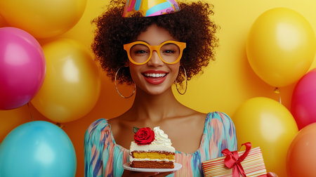 a cheerful woman celebrates with cake, a gift, and balloons against a vibrant yellow backdrop, smilingの素材