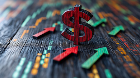 a red dollar sign and arrows point up on a wooden surface with stock market charts in the backgroundの素材