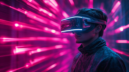 a person wearing a vr headset in a digital world with pink light streaks in the background profile viewの素材