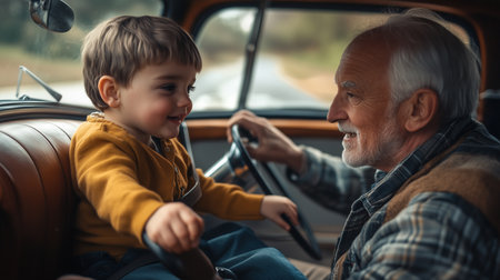 a grandfather and grandson are smiling at each other inside of a vintage car on a road trip togetherの素材