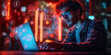 a man works on his laptop surrounded by floating dollar signs in a brightly lit neon environment.の素材