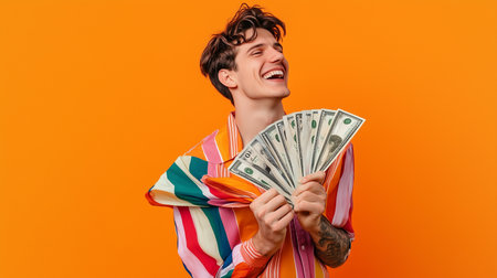a smiling man holds a fan of money, set against a vibrant orange backdrop, radiating joy and successの素材