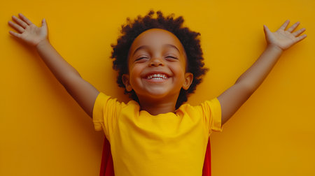 a young happy child with open arms and a big smile, wearing a yellow shirt against a yellow backgroundの素材