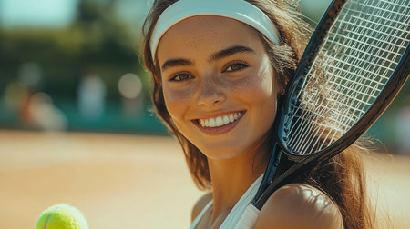 a beautiful woman smiles while holding a tennis racket and ball on a sunny day at the tennis courtの素材