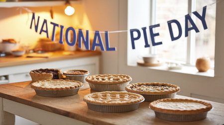 a table full of pies under a national pie day banner in a bright kitchen with natural window lightの素材