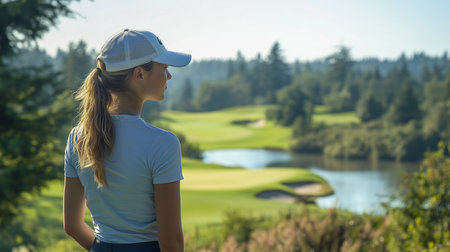 a woman is looking out over a golf course with trees and a pond in the background on a sunny dayの素材