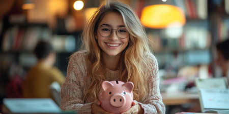 a young woman smiles holding a piggy bank, suggesting saving and financial planning in a library settingの素材