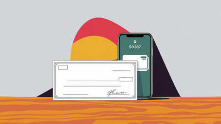 this image shows a check and a phone with a balance, symbolizing modern financial transactionsの素材