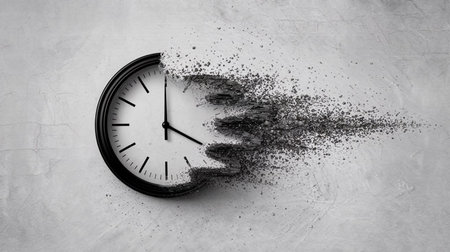 a clock is disintegrating into particles against a white textured background showing time passing quicklyの素材