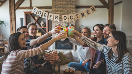 a group celebrates sober October with colorful drinks in a cozy living room, raising their glasses togetherの素材