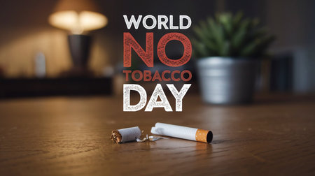a world no tobacco day image featuring a broken cigarette on a wooden table with a blurred backgroundの素材
