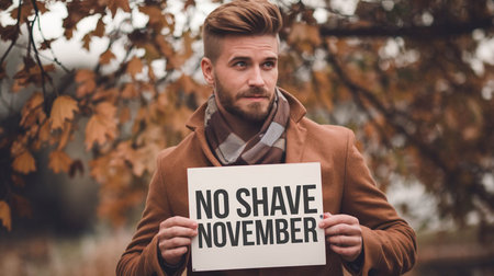 a man holds a no shave november sign wearing a coat and scarf with autumn leaves in the background.の素材