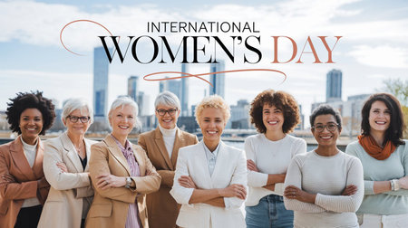 a diverse group of women celebrates international women's day with city skyline smiling and happy facesの素材