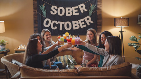 women celebrate sober October with colorful drinks in a cozy living room, enjoying friendship and good timesの素材