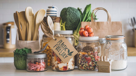 a zero waste kitchen still life with glass jars, wooden utensils, and fresh produce on a counter top sceneの素材