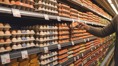 a shopper is picking up a carton of eggs from a well stored shelf in a grocery store setting aisleの素材