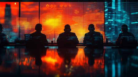 silhouetted figures in a dark room with cityscapes visible through large windows at the backgroundの素材