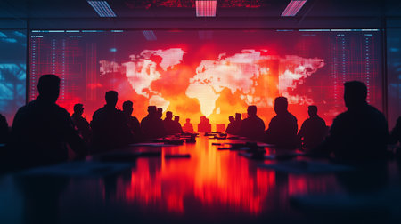 a war room with silhouetted figures around a table, facing a large screen displaying a world map in red huesの素材