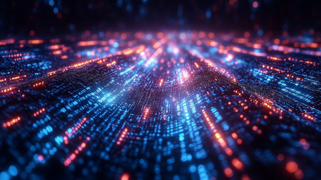 a digital landscape with blue and orange lights creating a futuristic and abstract perspective viewの素材