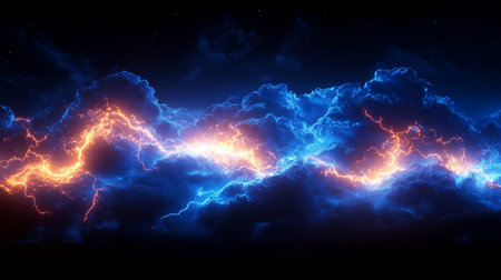 a beautiful display of nature's power with vibrant colors and dramatic lightning in a cloudy night skyの素材