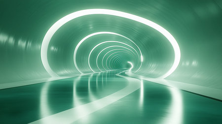 a green tunnel with repeating arches that glow brightly and a reflective floor leads into the distanceの素材
