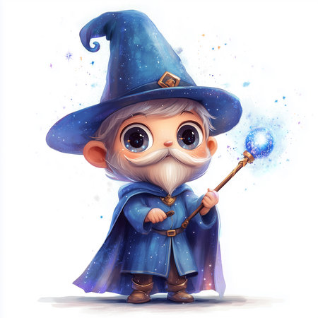 a charming cartoon wizard with a blue hat and robe holding a magic wand with a glowing blue orb on topの素材