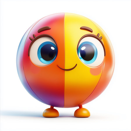 a cheerful cartoon character with big blue eyes and a happy smile stands on a plain white backgroundの素材