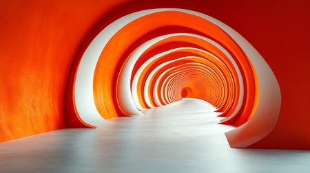 a long tunnel with orange walls and white accents receding into the distance creating a sense of depthの素材