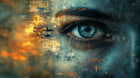 a close up of an eye with digital abstract art overlayed on the skin and background creating a futuristic lookの素材