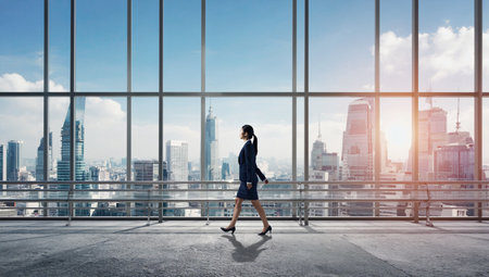 a businesswoman walks confidently in a modern office with a stunning city view on a bright sunny dayの素材