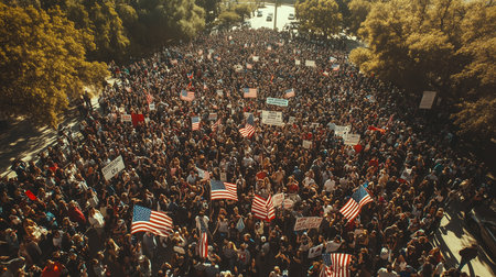 an aerial perspective shows a massive crowd with american flags and signs during an outdoor demonstrationの素材