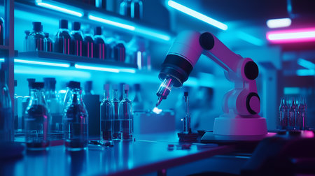 a robotic arm manipulates samples in a brightly lit laboratory with shelves of bottles in the backgroundの素材