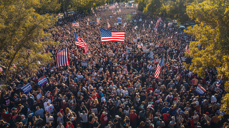 a large crowd of people gathered outdoors, holding american flags and signs at a political rally eventの素材
