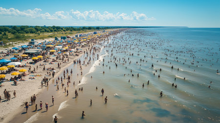 aerial shot captures a vibrant beach filled with people enjoying the sun, sand, and the refreshing oceanの素材