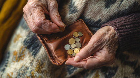 an elderly person holds a brown leather coin purse filled with silver and gold coins in wrinkled handsの素材