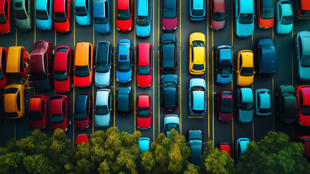 a vibrant aerial shot showcases a bustling parking lot filled with colorful cars and lush green treesの素材