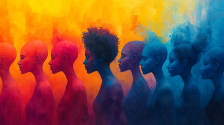 a series of female figures in profile view with warm and cool color gradients in an abstract art styleの素材