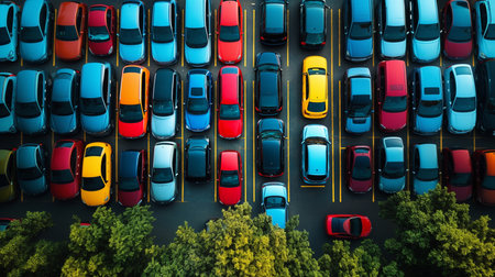 an aerial shot of a full parking lot with colorful cars and trees surrounding the parking area in the imageの素材
