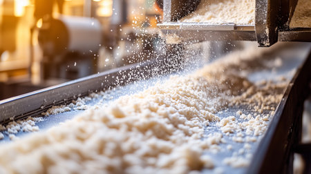 a conveyor belt is transporting a large amount of white material in an industrial manufacturing settingの素材