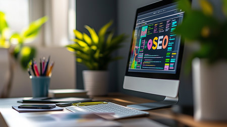 a computer displays seo code on a desk with plants, keyboard, and phone in a bright office setting todayの素材
