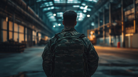 a soldier walks away with a backpack in a warehouse with metal beams and lights overhead from the backの素材