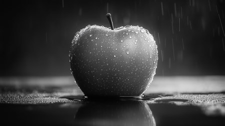 a grayscale image of a wet apple with water droplets and reflection on a dark surface under rainの素材
