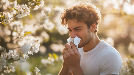 a man with allergies is blowing his nose with a tissue near blooming white flowers in an outdoor settingの素材